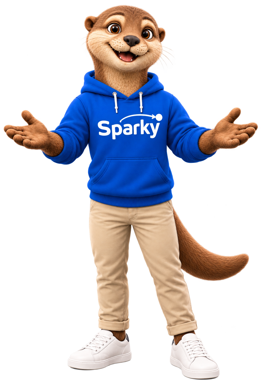 Sparky als Ganzkörperfigur im blauen Hoodie, mit offenen Händen zum Dialog einladend
