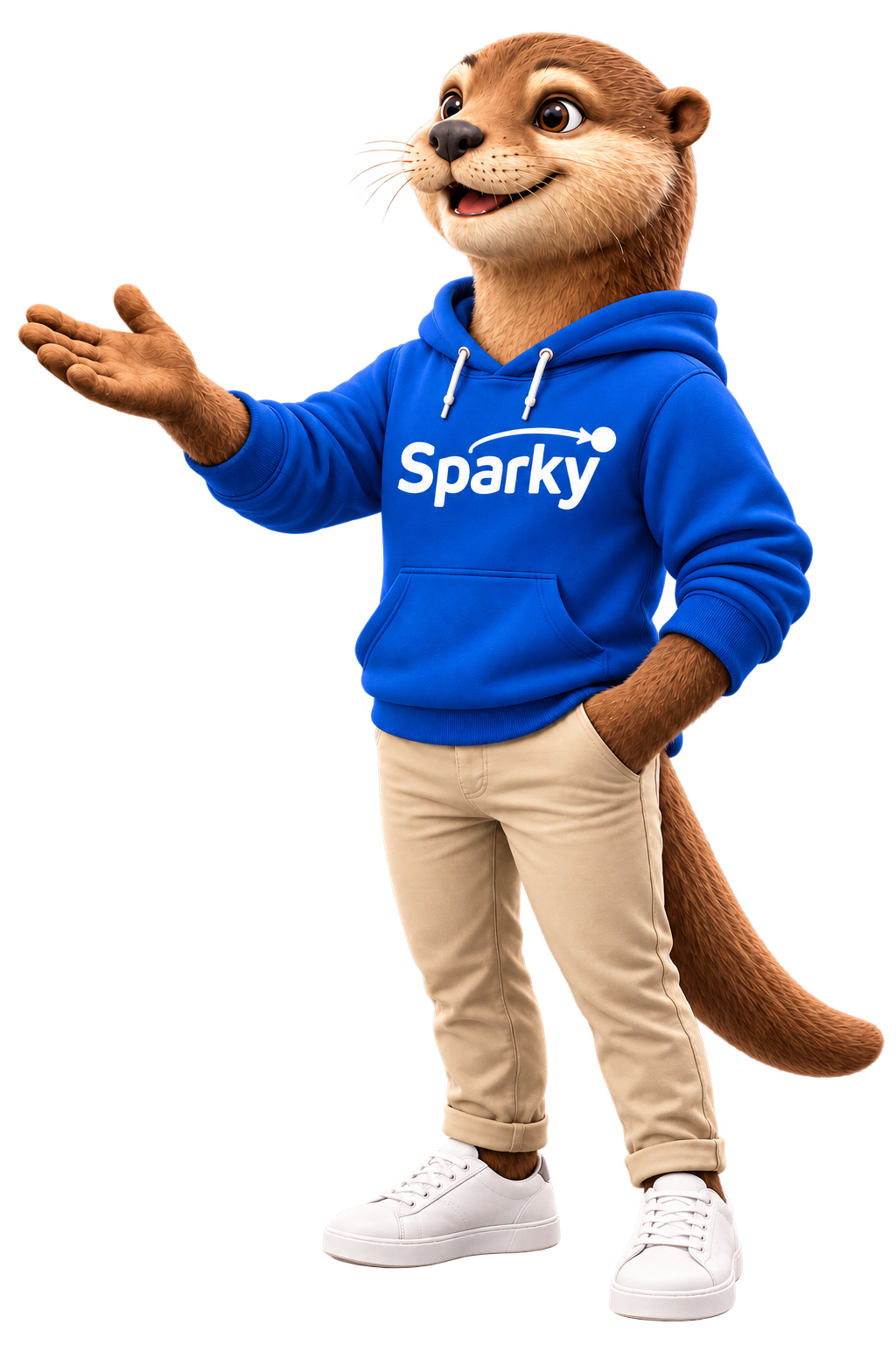Sparky als Ganzkörperfigur im blauen Hoodie, mit einladend ausgestreckter Hand