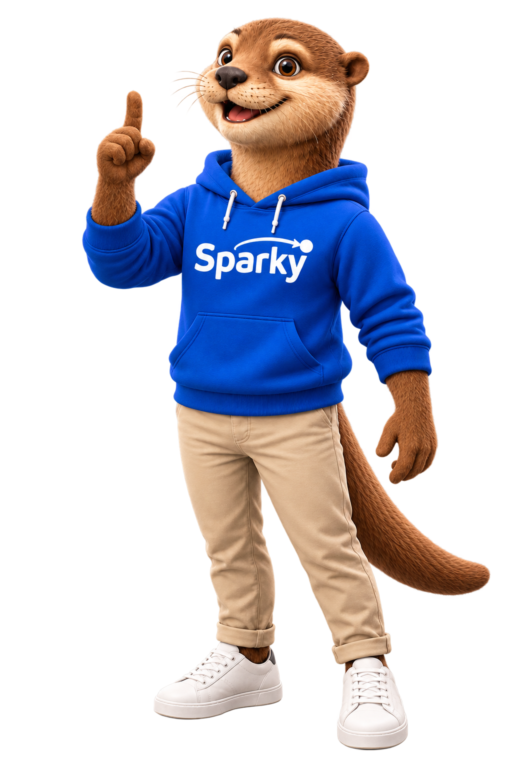 Sparky als Ganzkörperfigur im blauen Hoodie mit einer Idee und erhobenem Zeigefinger
