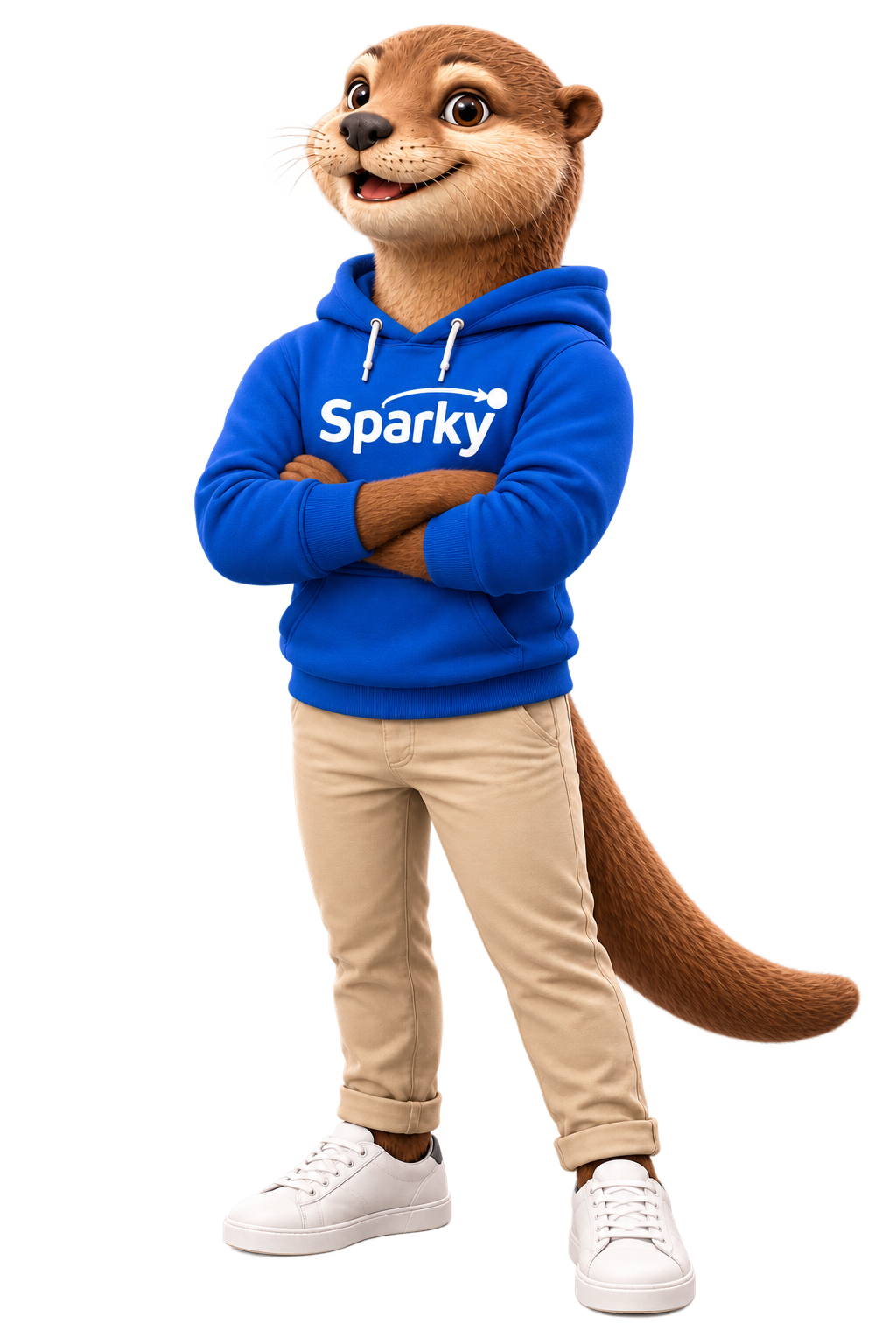 Sparky als freundliche Ganzkörperfigur mit verschränkten Armen, im blauen Hoodie mit weißem Sparky-Schriftzug
