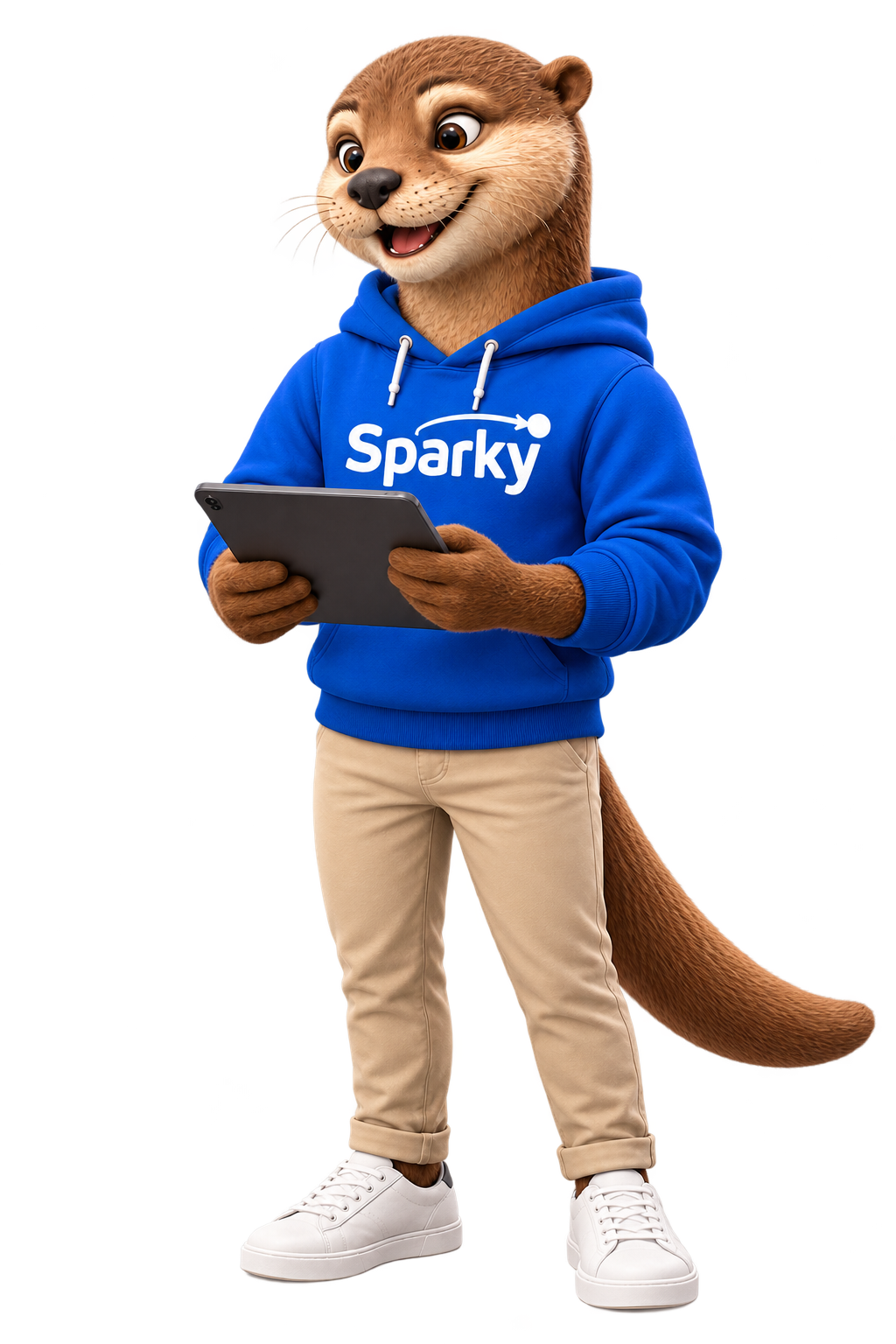 Sparky als Ganzkörperfigur im blauen Hoodie, konzentriert und freundlich mit einem Tablet in den Händen